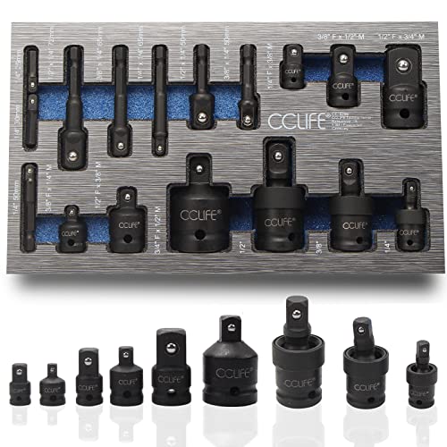 CCLIFE Juego de 17 piezas Adaptador Llave de Impacto Adaptadores para Llaves de Vaso1/4' 3/8' 1/2' 3/4'Junta Universal Impacto