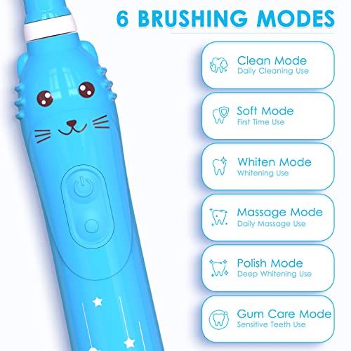 Cepillo de dientes eléctrico sónico para niños, cepillo de dientes recargable para niños de 3 a 12 años con recordatorio de 30 segundos, temporizador de 2 minutos, 6 modos, 6 cabezales de cepillo