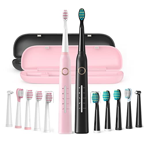 Cepillos de Dientes Electricos ( Pack de 2 ), Cepillo Dientes Sónico con 12 Cabezas de Cepillo 2 Estuche de Viaje , 5 Modos, Carga 4 Horas por 30 Días, IPX7 Impermeable, Rosa/Negro