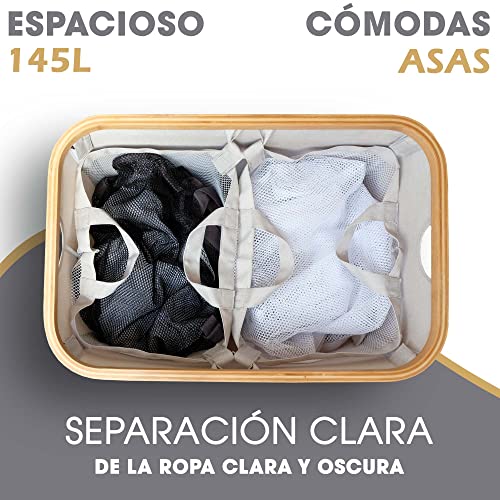 Cesta de ropa sucia con tapa 2 compartimentos con bolsas ropa extraíble XXL 140 l beige - Cestos Canasto para la ropa sucia - Cesto de la ropa con tapa grande bambu - Cesto colada ropa sucia estrecho