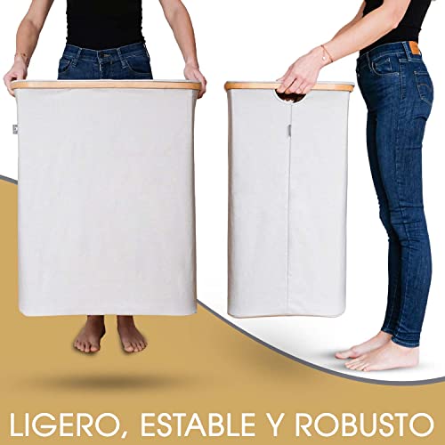Cesta de ropa sucia con tapa 2 compartimentos con bolsas ropa extraíble XXL 140 l beige - Cestos Canasto para la ropa sucia - Cesto de la ropa con tapa grande bambu - Cesto colada ropa sucia estrecho