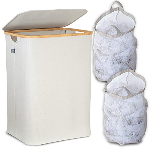 Cesta de ropa sucia con tapa 2 compartimentos con bolsas ropa extraíble XXL 140 l beige - Cestos Canasto para la ropa sucia - Cesto de la ropa con tapa grande bambu - Cesto colada ropa sucia estrecho