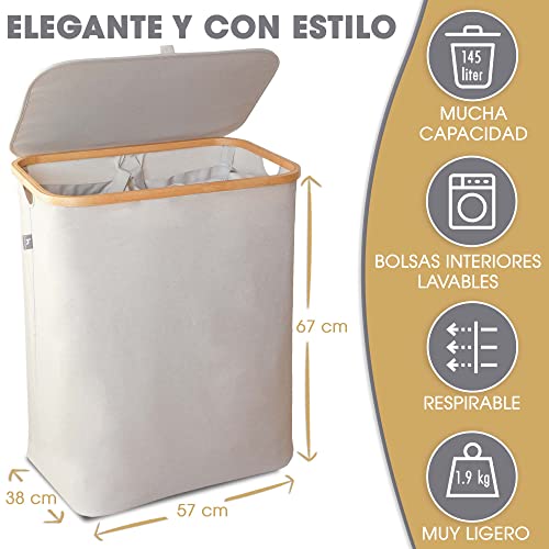 Cesta de ropa sucia con tapa 2 compartimentos con bolsas ropa extraíble XXL 140 l beige - Cestos Canasto para la ropa sucia - Cesto de la ropa con tapa grande bambu - Cesto colada ropa sucia estrecho