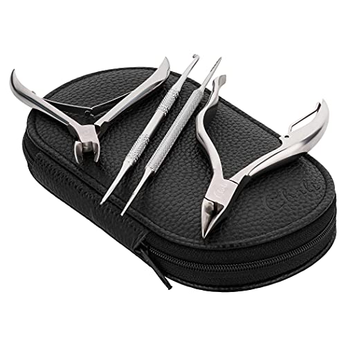 Chali® Kit Pedicura 4 Pcs con Estuche - Alicates Uñas grande 11cm/ pequeño 9,5cm, Lima y Levantador Uñas Encarnadas - Podologia Herramientas Acero Inoxidable