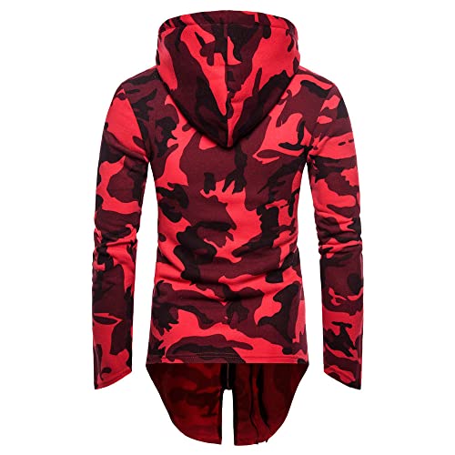 Chaqueta Sudor Hombres Camuflaje/Color Sólido Slim Fit Chaqueta Hombres Moda Casual Dobladillo Irregular Chaqueta Capucha Hombres Primavera Otoño Chaqueta Transición Hombres F-Red XL