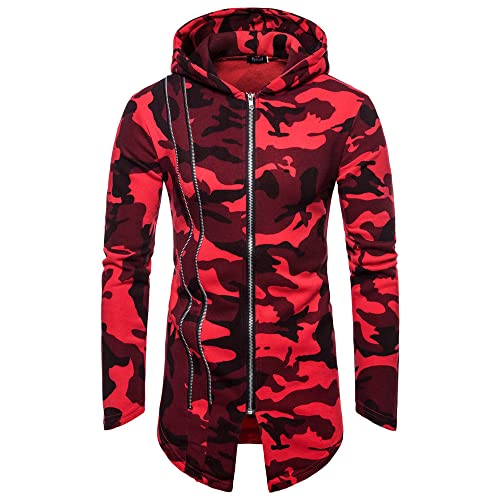 Chaqueta Sudor Hombres Camuflaje/Color Sólido Slim Fit Chaqueta Hombres Moda Casual Dobladillo Irregular Chaqueta Capucha Hombres Primavera Otoño Chaqueta Transición Hombres F-Red XL