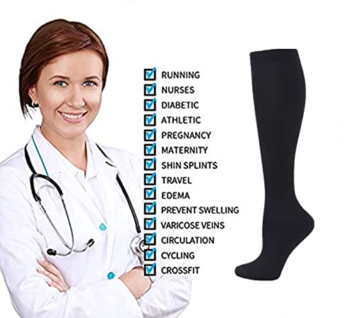 Cheeroyal Calcetines de Compresión de 20 a 30 mmHg para hombres y mujeres, ideales para recuperación, enfermeros, correr, maternidad, embarazo, vuelos, viajes, deportes y usos médicos (L, 2black)