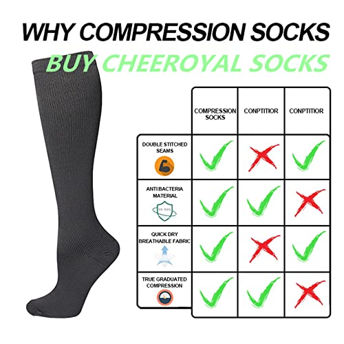 Cheeroyal Calcetines de compresión de 20 a 30 mmHg para hombres y mujeres, ideales para recuperación, enfermeros, correr, maternidad, embarazo, vuelos, viajes, deportes (6+18, S-M)