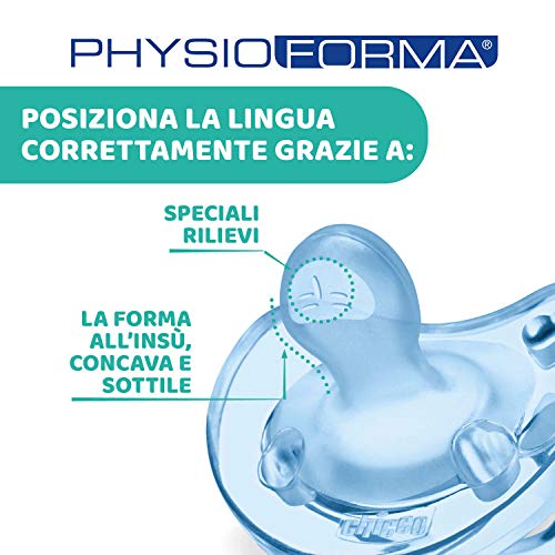 Chicco Physio Soft Caja 4 Chupetes para Bebés 16 Meses, Silicona Suave, Delicada que Imita el Pecho Materno, con Orificios de Ventilación y Tetina Physioforma, Azul y Agua Marina