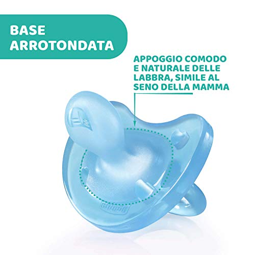 Chicco Physio Soft Caja 4 Chupetes para Bebés 16 Meses, Silicona Suave, Delicada que Imita el Pecho Materno, con Orificios de Ventilación y Tetina Physioforma, Azul y Agua Marina