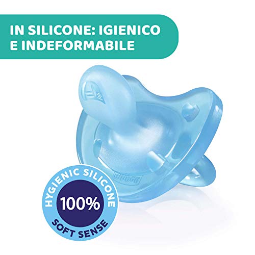 Chicco Physio Soft Caja 4 Chupetes para Bebés 16 Meses, Silicona Suave, Delicada que Imita el Pecho Materno, con Orificios de Ventilación y Tetina Physioforma, Azul y Agua Marina