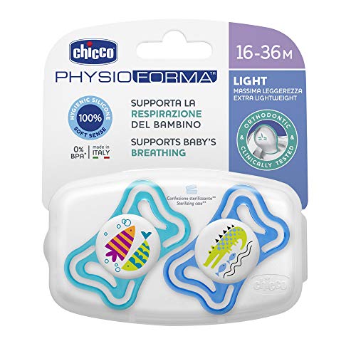 Chicco PhysioForma Light, Chupete 16-36 Meses, 2 Piezas, Chupetes con Tetina de Silicona, Ayuda a la Respiración Fisiológica y Favorece el Desarrollo Correcto de la Boca, Colores Surtidos, Azul