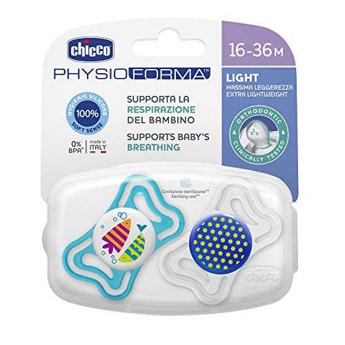 Chicco PhysioForma Light, Chupete 16-36 Meses, 2 Piezas, Chupetes con Tetina de Silicona, Ayuda a la Respiración Fisiológica y Favorece el Desarrollo Correcto de la Boca, Colores Surtidos, Azul