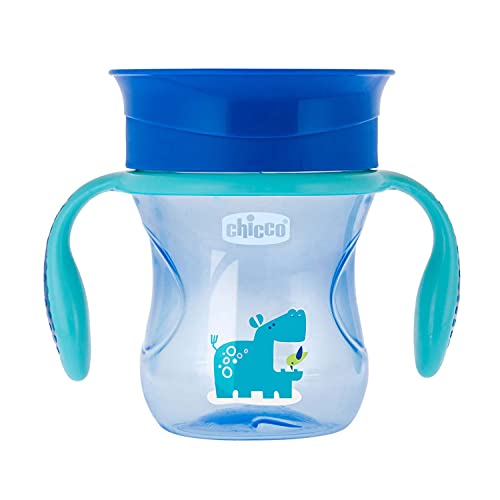 Chicco Vaso Infantil Perfect, Vaso Antiderrame de 200 ml, Vaso Aprendizaje para Bebés +12 Meses para Aprender a Beber, con Válvula de Silicona y Asas Extraíbles, sin BPA ,Color Azul