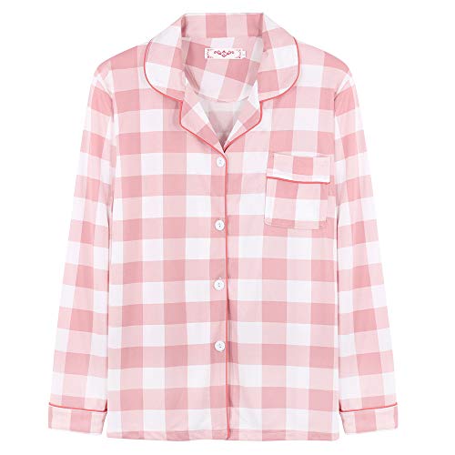 Chickwin Pijama de Manga Larga con Botones para Mujer Estilo Japones Tartán Ropa de Dormir Invierno Dos Piezas - Suave Cómodo Casual Mujer Chandal Pjs Regalo Navidad (Rosado,M)
