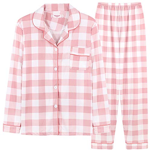 Chickwin Pijama de Manga Larga con Botones para Mujer Estilo Japones Tartán Ropa de Dormir Invierno Dos Piezas - Suave Cómodo Casual Mujer Chandal Pjs Regalo Navidad (Rosado,M)