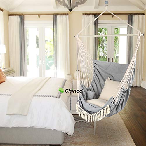 Chihee Columpio Colgante para Silla con Hamaca,2 Cojines,esparcidor Barra Duradera,Tejido de algodón Suave Silla Colgante Bolsillo Lateral Conjunto de Silla con borlas Grandes reposapiés Soporte