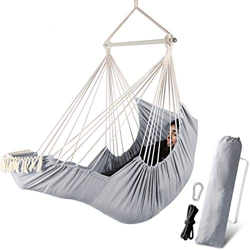 Chihee Columpio Colgante para Silla con Hamaca,2 Cojines,esparcidor Barra Duradera,Tejido de algodón Suave Silla Colgante Bolsillo Lateral Conjunto de Silla con borlas Grandes reposapiés Soporte