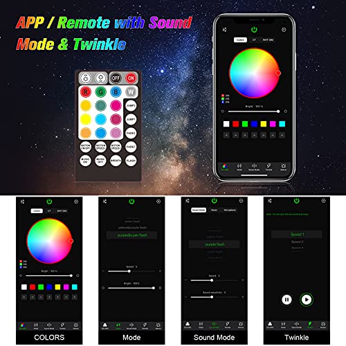 CHINLY Bluetooth 12W RGBW Twinkle LED Fibra óptica Kit de luces de techo en forma de estrella APLICACIÓN / Control remoto 450pcs * (0,75 + 1,0 + 1,5mm) * 3m para Hogar / Coche