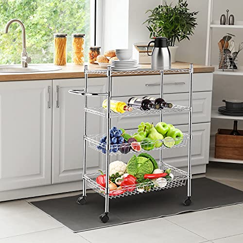 Chuboir Estantería con ruedas, 4 niveles, estante para almacenar vino y cesta de metal, carro de acero inoxidable con asa para hoteles, restaurantes, cocinas, carrito de alimentos, libros, revistas