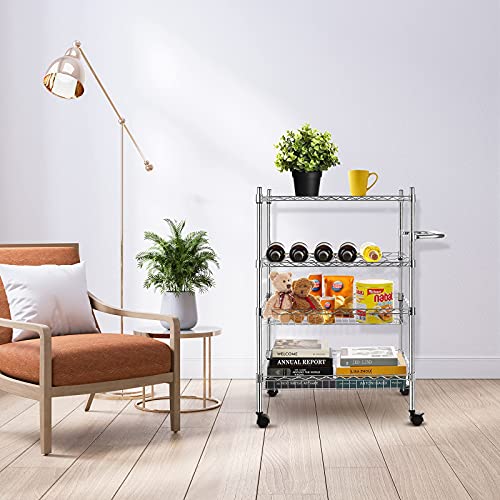 Chuboir Estantería con ruedas, 4 niveles, estante para almacenar vino y cesta de metal, carro de acero inoxidable con asa para hoteles, restaurantes, cocinas, carrito de alimentos, libros, revistas