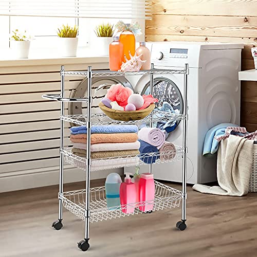 Chuboir Estantería con ruedas, 4 niveles, estante para almacenar vino y cesta de metal, carro de acero inoxidable con asa para hoteles, restaurantes, cocinas, carrito de alimentos, libros, revistas