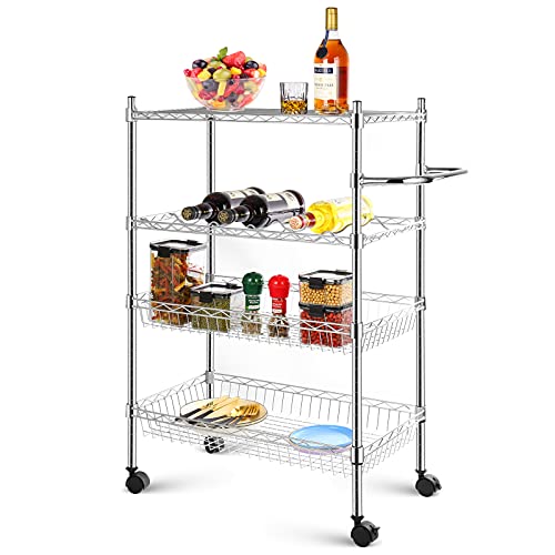 Chuboir Estantería con ruedas, 4 niveles, estante para almacenar vino y cesta de metal, carro de acero inoxidable con asa para hoteles, restaurantes, cocinas, carrito de alimentos, libros, revistas
