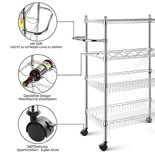 Chuboir Estantería con ruedas, 4 niveles, estante para almacenar vino y cesta de metal, carro de acero inoxidable con asa para hoteles, restaurantes, cocinas, carrito de alimentos, libros, revistas