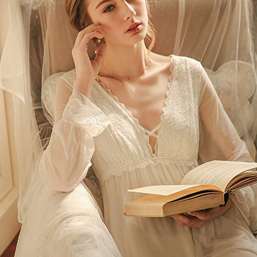 CIDCIJN Camisón De Pijama De Mujer,Nightgown Mujeres Encaje Manga Largo Camón Vintage Gorrosos Mujer Princesa Camisón Vestido Verano Ropa De Dormir Ropa De Dormir, Blanco, XL