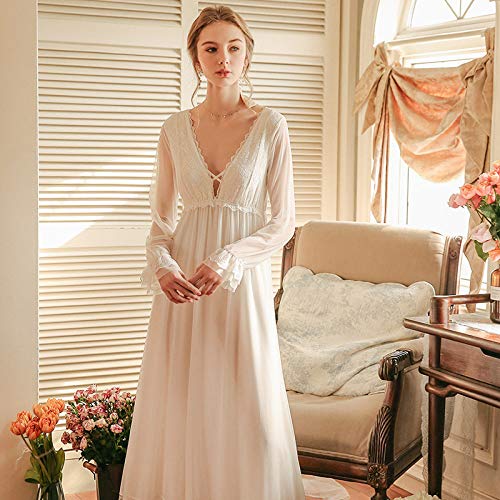 CIDCIJN Camisón De Pijama De Mujer,Nightgown Mujeres Encaje Manga Largo Camón Vintage Gorrosos Mujer Princesa Camisón Vestido Verano Ropa De Dormir Ropa De Dormir, Blanco, XL