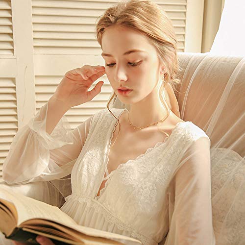 CIDCIJN Camisón De Pijama De Mujer,Nightgown Mujeres Encaje Manga Largo Camón Vintage Gorrosos Mujer Princesa Camisón Vestido Verano Ropa De Dormir Ropa De Dormir, Blanco, XL