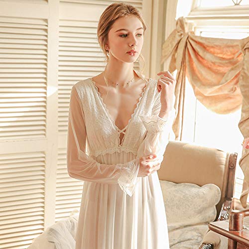 CIDCIJN Camisón De Pijama De Mujer,Nightgown Mujeres Encaje Manga Largo Camón Vintage Gorrosos Mujer Princesa Camisón Vestido Verano Ropa De Dormir Ropa De Dormir, Blanco, XL