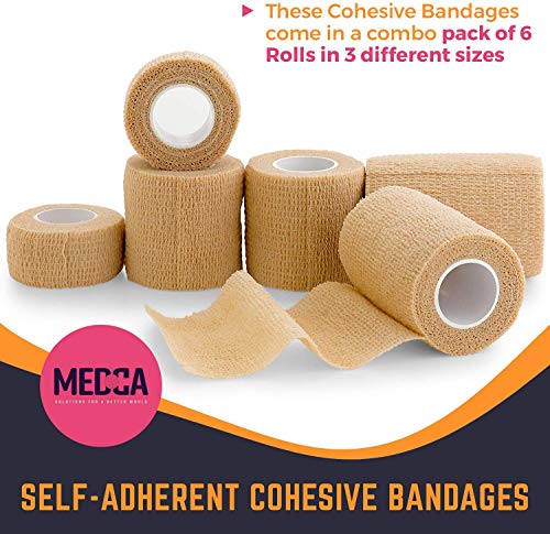 Cinta cohesiva auto adherente, Paquete de 1" 2" 3" x 5 yardas, rollos de vendaje autoadhesivos y envoltura deportiva para tobillos, muñecas, esguinces de rodilla e inflamación, color piel ligero.
