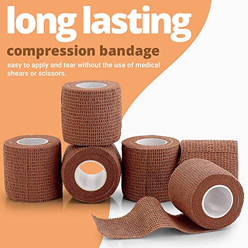 Cinta cohesiva auto adherente, Paquete de 6, 2" x 5 yardas, color piel medio, rollos de vendaje autoadhesivos y envoltura deportiva para tobillos, muñecas, esguinces de rodilla e inflamación.