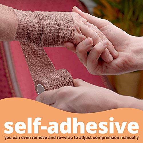 Cinta cohesiva auto adherente, Paquete de 6, 2" x 5 yardas, color piel medio, rollos de vendaje autoadhesivos y envoltura deportiva para tobillos, muñecas, esguinces de rodilla e inflamación.