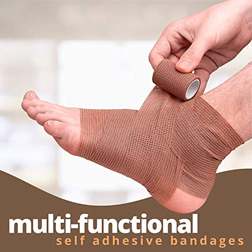 Cinta cohesiva auto adherente, Paquete de 6, 2" x 5 yardas, color piel medio, rollos de vendaje autoadhesivos y envoltura deportiva para tobillos, muñecas, esguinces de rodilla e inflamación.