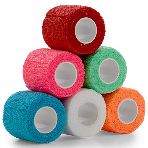 Cinta cohesiva auto adherente, Paquete de 6. 2"x 5 yardas, rollos de vendaje autoadhesivos y envoltura deportiva para tobillos, muñecas, esguinces de rodilla e inflamación, en colores variados