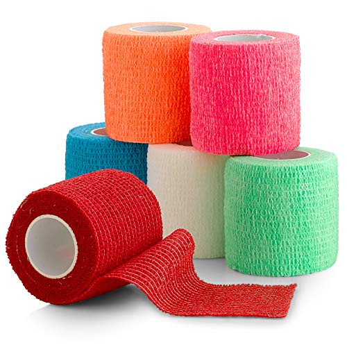 Cinta cohesiva auto adherente, Paquete de 6. 2"x 5 yardas, rollos de vendaje autoadhesivos y envoltura deportiva para tobillos, muñecas, esguinces de rodilla e inflamación, en colores variados