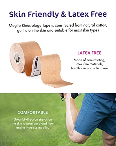 Cinta de Kinesiología Meglio Rollos 5 m, Sin Látex, Fleje de Vendaje Deportivo Hipoalergénico, Transpirable, Cintas Adhesivas Impermeables de Apoyo Muscular para Deportes y Recuperación de Lesiones