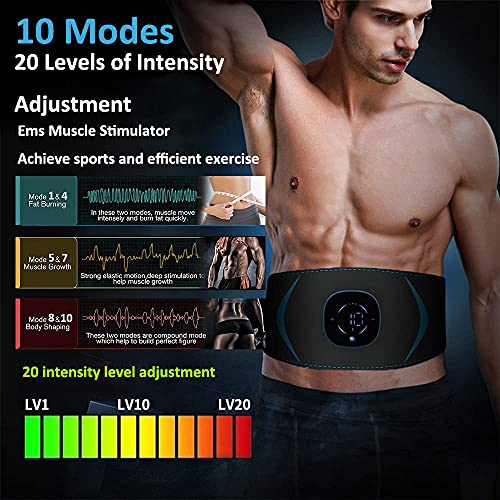 Cinturon Vibratorio Abdominales, Cinturon Electroestimulador Abdominales, Abs Estimulador Muscula para Hombre/Mujer, Abdomen no Necesita Almohadillas ni Gel, 10 Modos, 20 Niveles Diferentes para