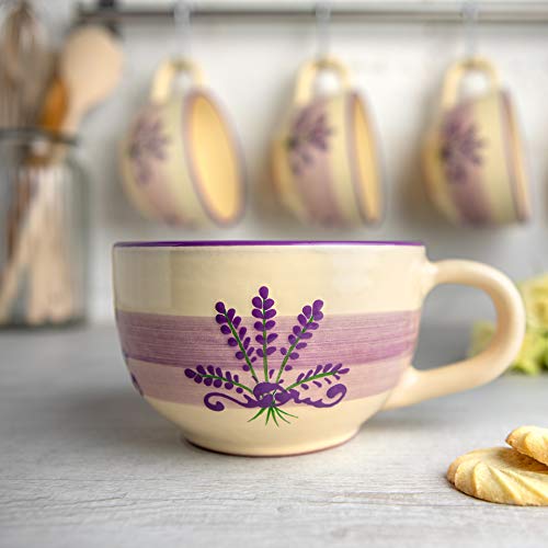 City to Cottage® Cerámica en Morado y Crema | Patrón Lavanda | Hecha y Pintada a Mano | Cerámica Extra Grande Esmaltada 17.5oz/500ml | Tazón Bol con Asa para Sopa Té Café Capuchino | Regalo