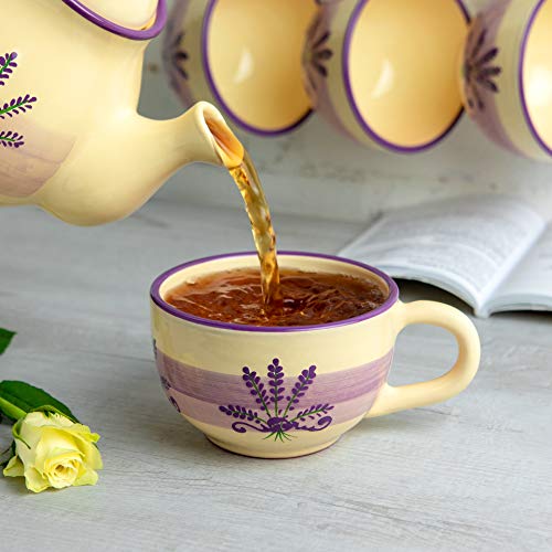 City to Cottage® Cerámica en Morado y Crema | Patrón Lavanda | Hecha y Pintada a Mano | Cerámica Extra Grande Esmaltada 17.5oz/500ml | Tazón Bol con Asa para Sopa Té Café Capuchino | Regalo