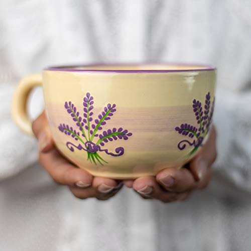 City to Cottage® Cerámica en Morado y Crema | Patrón Lavanda | Hecha y Pintada a Mano | Cerámica Extra Grande Esmaltada 17.5oz/500ml | Tazón Bol con Asa para Sopa Té Café Capuchino | Regalo