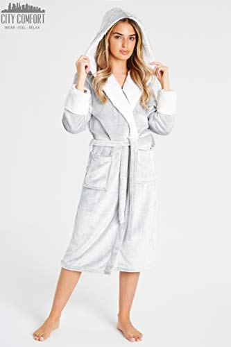 CityComfort Bata de Estar por Casa Mujer Invierno con Capucha, Ropa de Dormir Suave Material de Forro Polar, Batín Tejido Peluche Accesorios Mujer, Regalos para Mama (M, Gris De Dos Tonos)