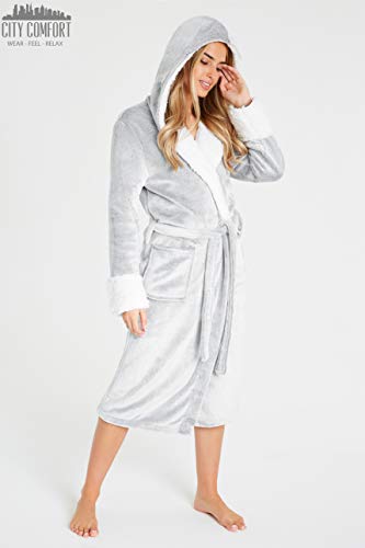 CityComfort Bata de Estar por Casa Mujer Invierno con Capucha, Ropa de Dormir Suave Material de Forro Polar, Batín Tejido Peluche Accesorios Mujer, Regalos para Mama (M, Gris De Dos Tonos)