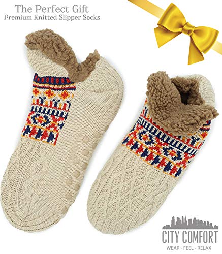 CityComfort Calcetines Antideslizantes Hombre, Calcetines Hombre Invierno, Calcetines Para Casa Forro Polar Suave, Regalos Originales Para Hombre (Beige)