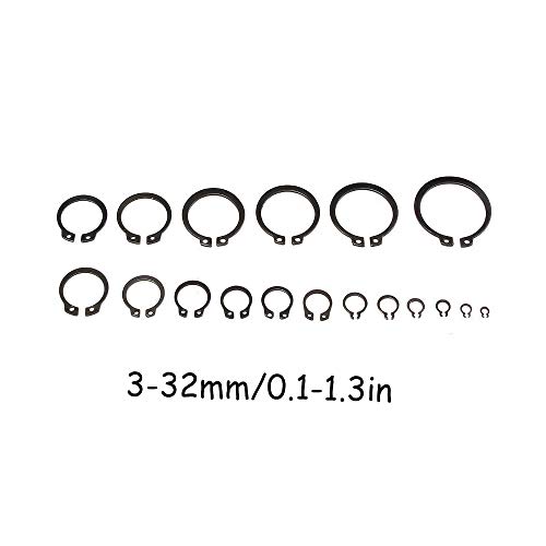 Clip de Seguridad a Presión, 300 Piezas Clip de Anillo Elástico, Anillo de Seguridad, Negro,Tipo C, Para Fije Los Anillos Elásticos Externos de Cojinetes, Engranajes y Poleas(3-32mm)