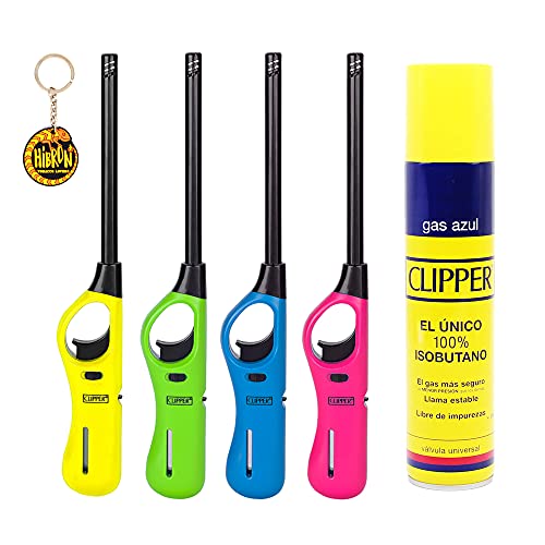 Clipper 4 Encendedores Mecheros Cocina barbacoa + 1 Botella Gas Azul 300 ml + 1 Llavero, Gas Sirve Para Recargar Soplete de Cocina