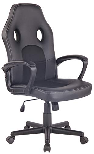 CLP Silla De Oficina Elbing En Cuero PU I Silla De Ordenador Giratoria & Regulable En Altura I Silla Gamer Deportiva con Ruedas, Color:Negro/Negro