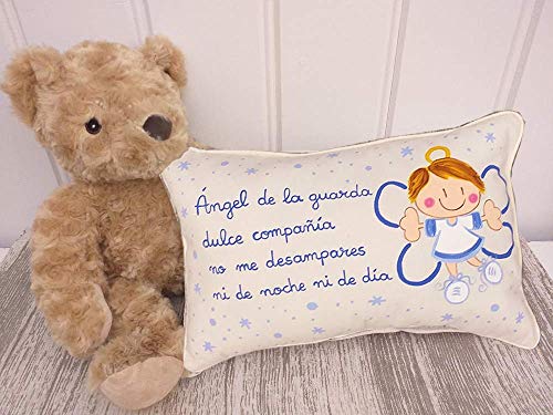 Cojín ángel de la guarda personalizado de bebe azul